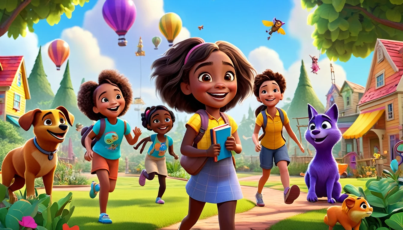 "A vibrant, animated scene in a 3-D Pixar style featuring Arya, a cheerful little black girl, playing and exploring with friends in a colorful, fun-filled environment. There are playful animals, interactive learning elements like shapes and books, and various outdoor activities like a playground, nature trails, and a garden. The atmosphere is lively and joyful, with Arya and her friends smiling, laughing, and having fun every single day. The background is bright and full of excitement, capturing the spirit of exploration and play.