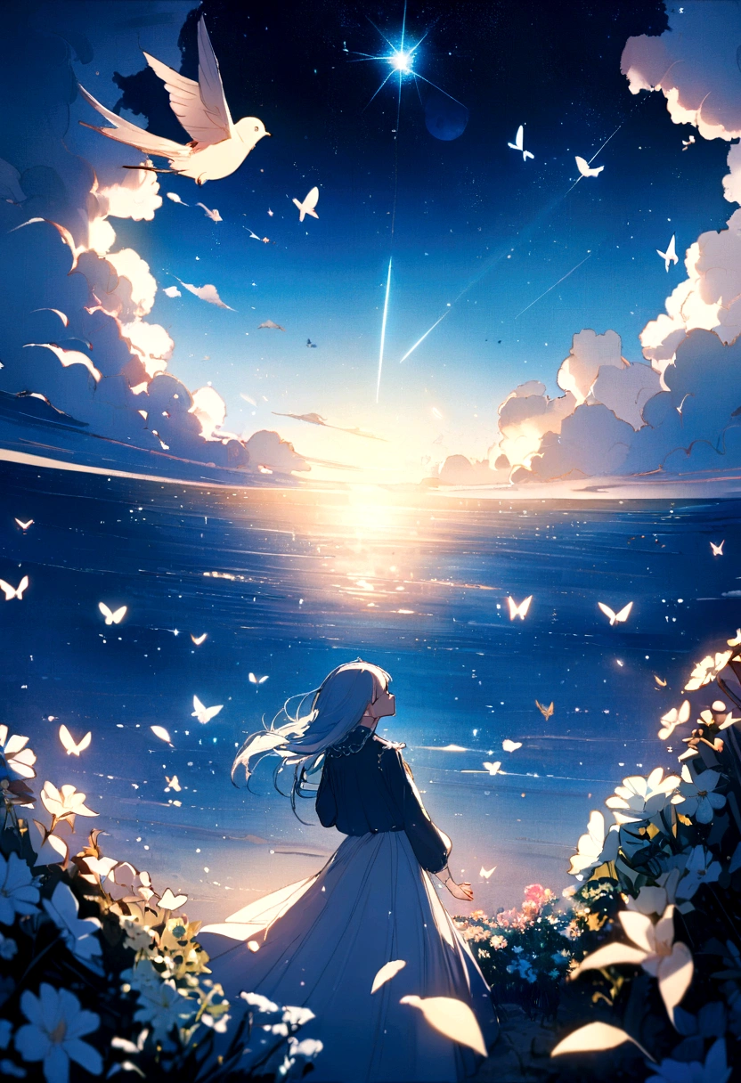 very wide white background, extreme quality, masterpiece, 8k, depth of field, intricate details, (((unattended))), very large margins, lots of text, corporate logo, space, movie poster, (((Outer space))), ((flower garden with sea view)))), nostalgia, panorama, long shot, backlight, (((Various angles))),Detailed detail flowers,(((Petals fluttering in the air))), ,heaven, top quality, 8K, wind blowinglight lighting, backlight,(((no people))), (((blue color))), butterfly, bird