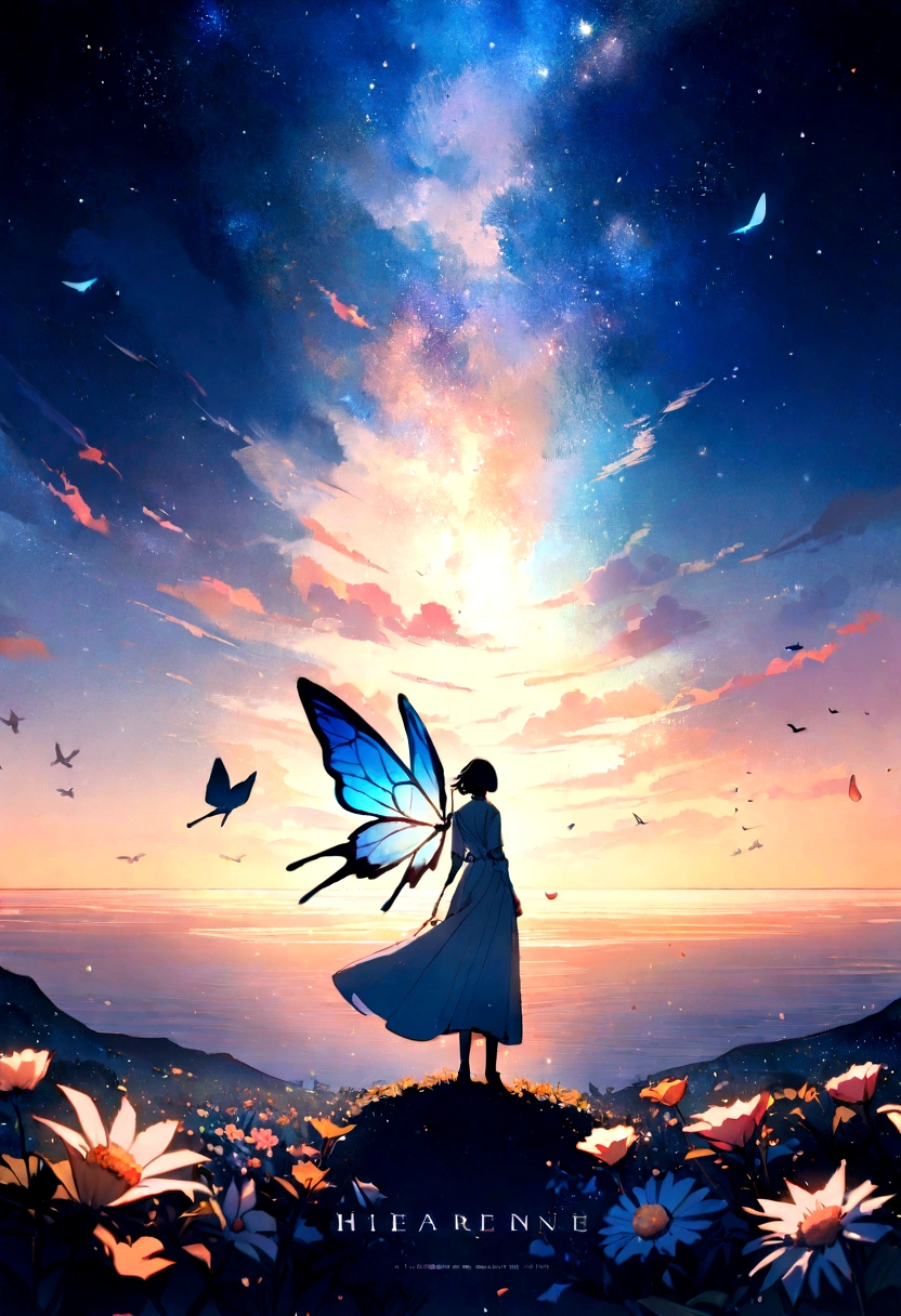 very wide white background, extreme quality, masterpiece, 8k, depth of field, intricate details, (((unattended))), very large margins, lots of text, corporate logo, space, movie poster, (((Outer space))), ((flower garden with sea view)))), nostalgia, panorama, long shot, backlight, (((Various angles))),Detailed detail flowers,(((Petals fluttering in the air))), ,heaven, top quality, 8K, wind blowinglight lighting, backlight,(((no people))), (((blue color))), butterfly, bird