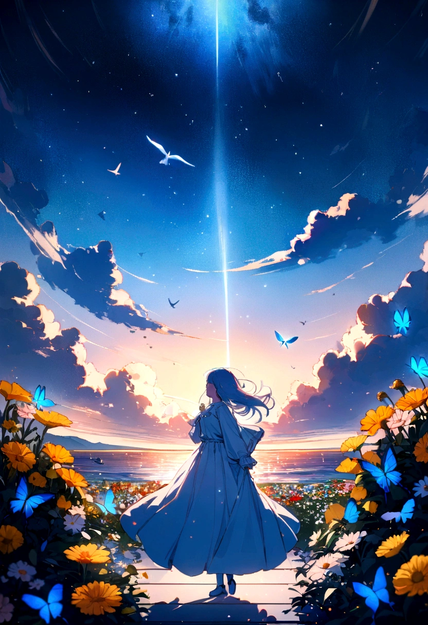 very wide white background, extreme quality, masterpiece, 8k, depth of field, intricate details, (((unattended))), very large margins, lots of text, corporate logo, space, movie poster, (((Outer space))), ((flower garden with sea view)))), nostalgia, panorama, long shot, backlight, (((Various angles))),Detailed detail flowers,(((Petals fluttering in the air))), ,heaven, top quality, 8K, wind blowinglight lighting, backlight,(((no people))), (((blue color))), butterfly, bird