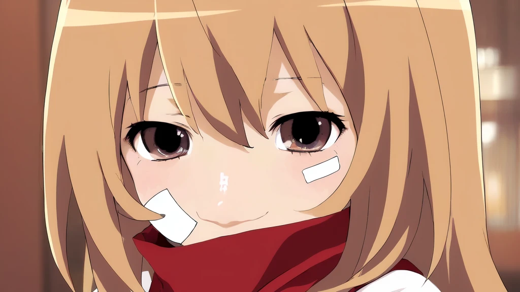 anime girl with a bandage on her face, cute anime face, extremely cute anime girl face, close up iwakura lain, cute natural anime face, slightly happy facial expression, [[[[grinning evily]]]], pretty anime face, ((red)) baggy eyes, anime moe artstyle, detailed anime soft face, perfect anime face