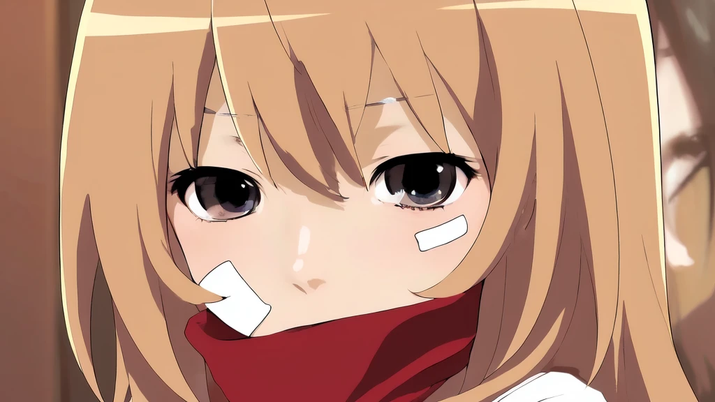 anime girl with a bandage on her face, cute anime face, extremely cute anime girl face, close up iwakura lain, cute natural anime face, slightly happy facial expression, [[[[grinning evily]]]], pretty anime face, ((red)) baggy eyes, anime moe artstyle, detailed anime soft face, perfect anime face