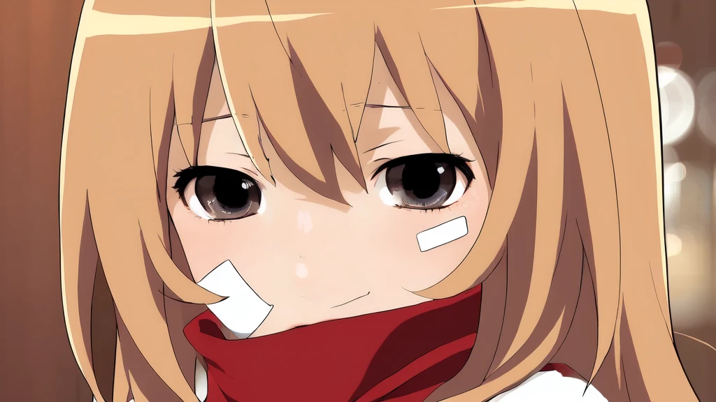anime girl with a bandage on her face, cute anime face, extremely cute anime girl face, close up iwakura lain, cute natural anime face, slightly happy facial expression, [[[[grinning evily]]]], pretty anime face, ((red)) baggy eyes, anime moe artstyle, detailed anime soft face, perfect anime face