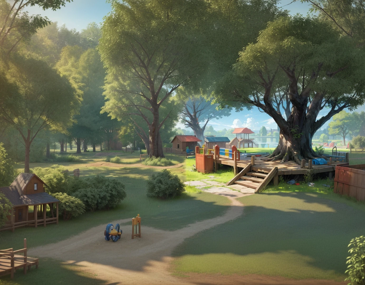 kids playground, green fields, grass and dirt roads, wood pole, wood seesaw, wooden toys, thick bush, highly detailed, ultra-detailed, 4k, photorealistic, masterpiece, lush foliage, golden hour lighting, warm colors, vibrant colors, natural environment, peaceful atmosphere