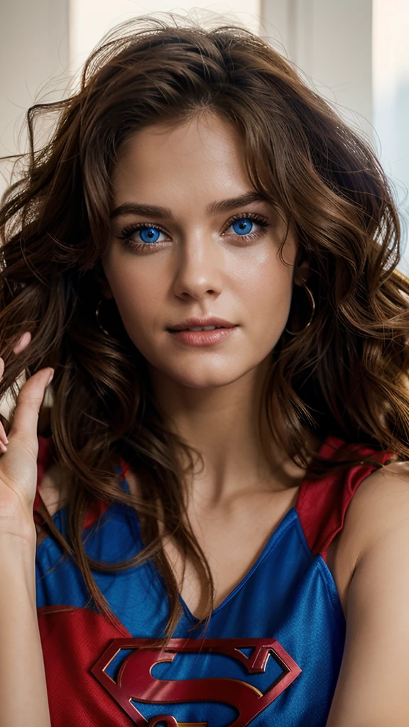 The character Supergirl, perfect blue and red costume with the traditional "S" in the chest, shiny little blue eyes, extremely beautiful blond hair, beautiful smile , perfect anatomy and extremely beautiful face, hyperrealistic face