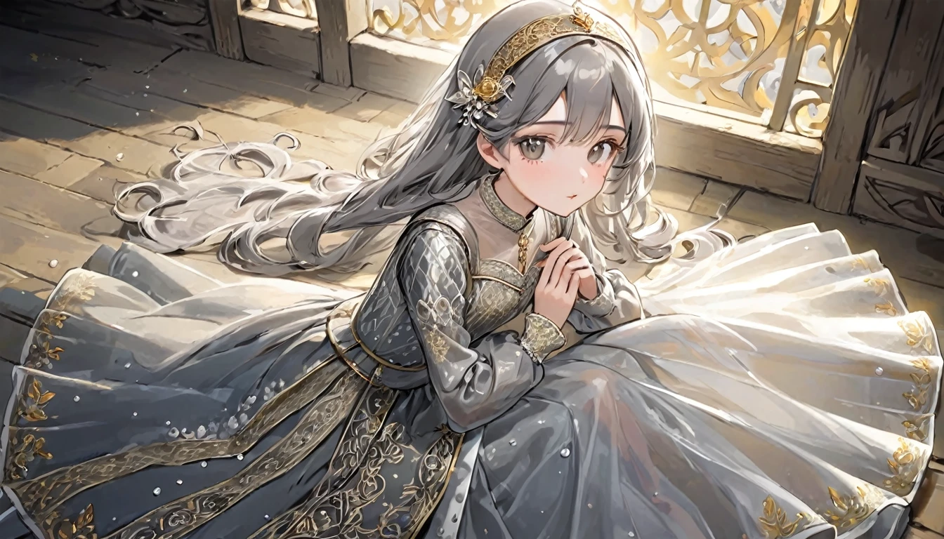 girl, Gold and silver embroidery, White-gray pearl medieval long dress(With panniers), Translucent fabric, Pull up the dress by hand, Strong winds, Translucent slip, Grey translucent tights, Peeking from below, Highest quality, Disorder of clothing, sit