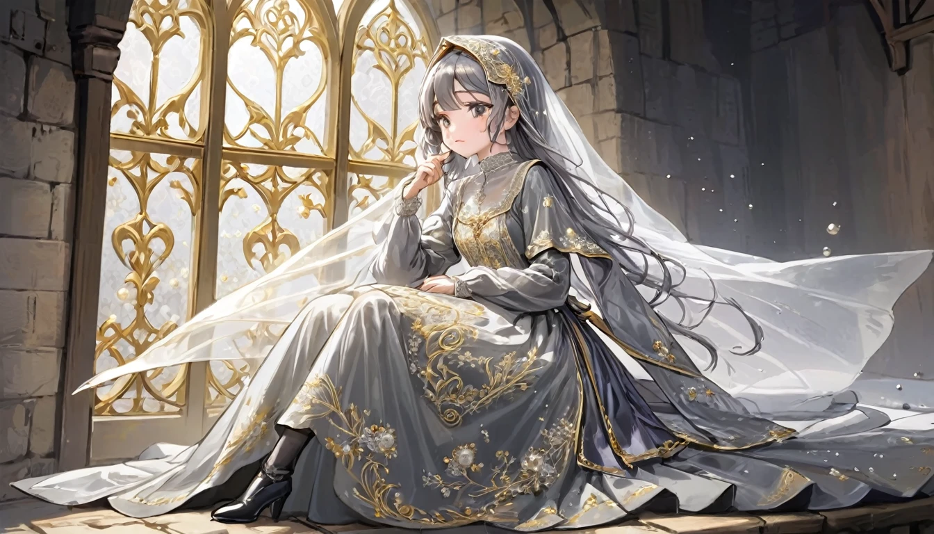 girl, Gold and silver embroidery, White-gray pearl medieval long dress（With panniers）, Translucent fabric, Pull up the dress by hand, Strong winds, Translucent slip, Grey translucent tights, Peeking from below, Highest quality, Disorder of clothing, sit