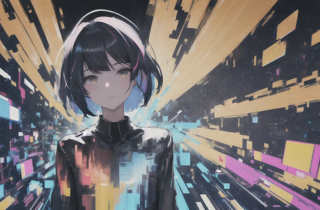 masterpiece, Highest quality, (Alexio:1.5), (Brush strokes, oil \(Moderate\):0.9), Night Sky、nebula、whole body、A girl with a short bob hairstyle, (Monochrome:0.6), Abstract, Abstract background, Black Theme, Backlight, Portraiture, (Blurred:1), (Glitch:1.1), eye
