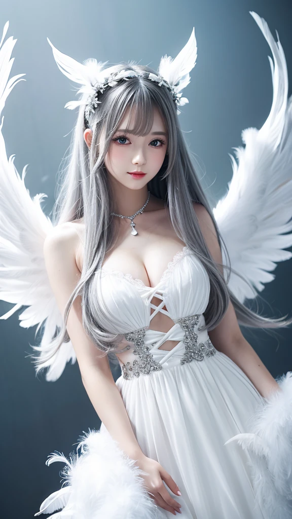 Lolita,big_chest,Long silver hair ,White dress, Wings with feathers