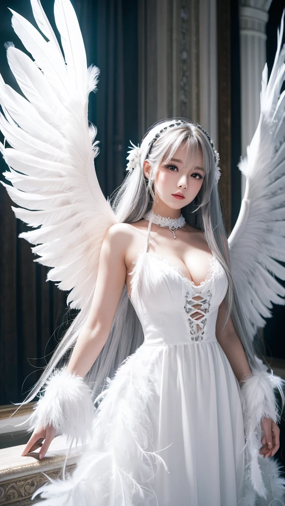 ta,big_chest,Long silver hair ,White dress, Wings with feathers