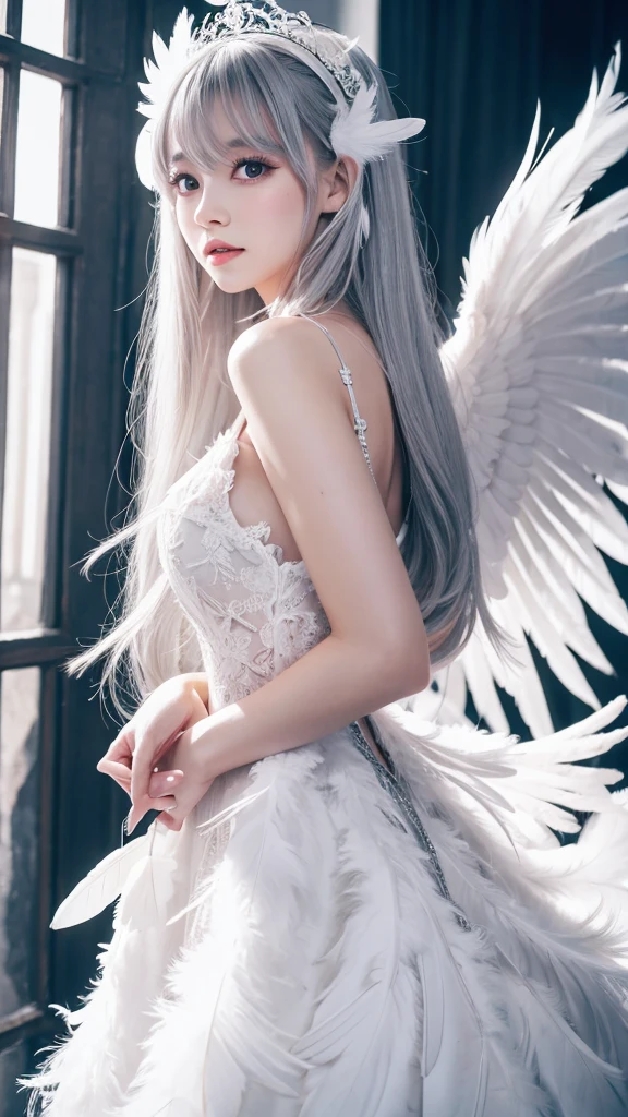 ta,big_chest,Long silver hair ,White dress, Wings with feathers