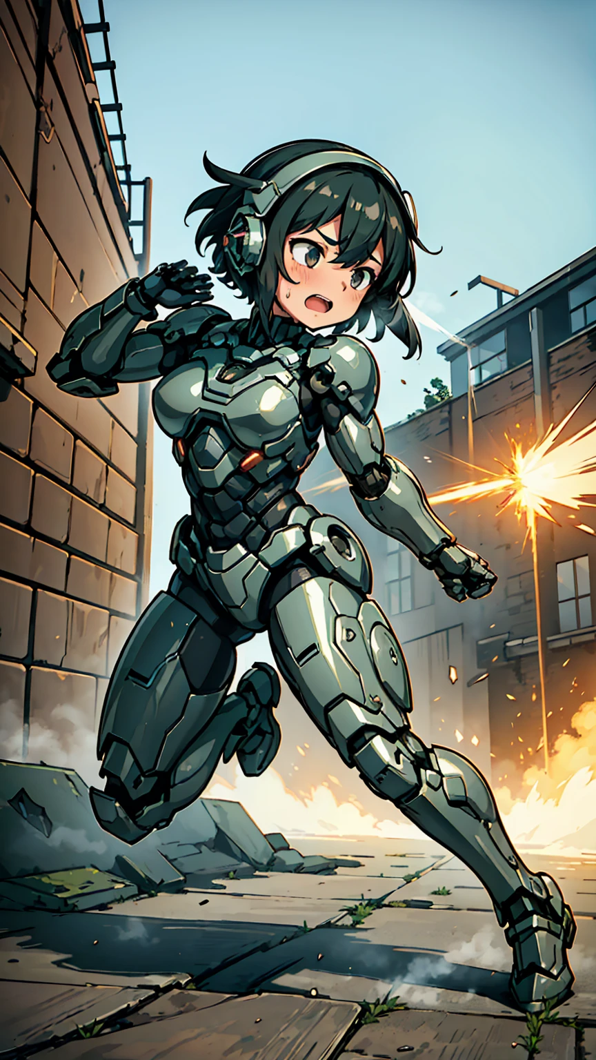 Textured skin, Very detailed, Attention to detail, high quality, 最high quality, High resolution, 1080P, hard disk, beautiful,(War Machine),beautifulサイボーグ女性,Mecha Cyborg Girl,Battle Mode,Girl with a mechanical body　Black Hair　Short Hair Boyish　Dark green armor　Sweaty and wet face　(Hitting a wall)(The headgear breaks and flies away)　(Flying debris)Steam coming out of my head　Steam coming out of the whole body　Painful expression　Hollow Eyes　Please open your mouth wide　Snug-fitting headgear　Black Inner Suit　Full body portrait　（front）