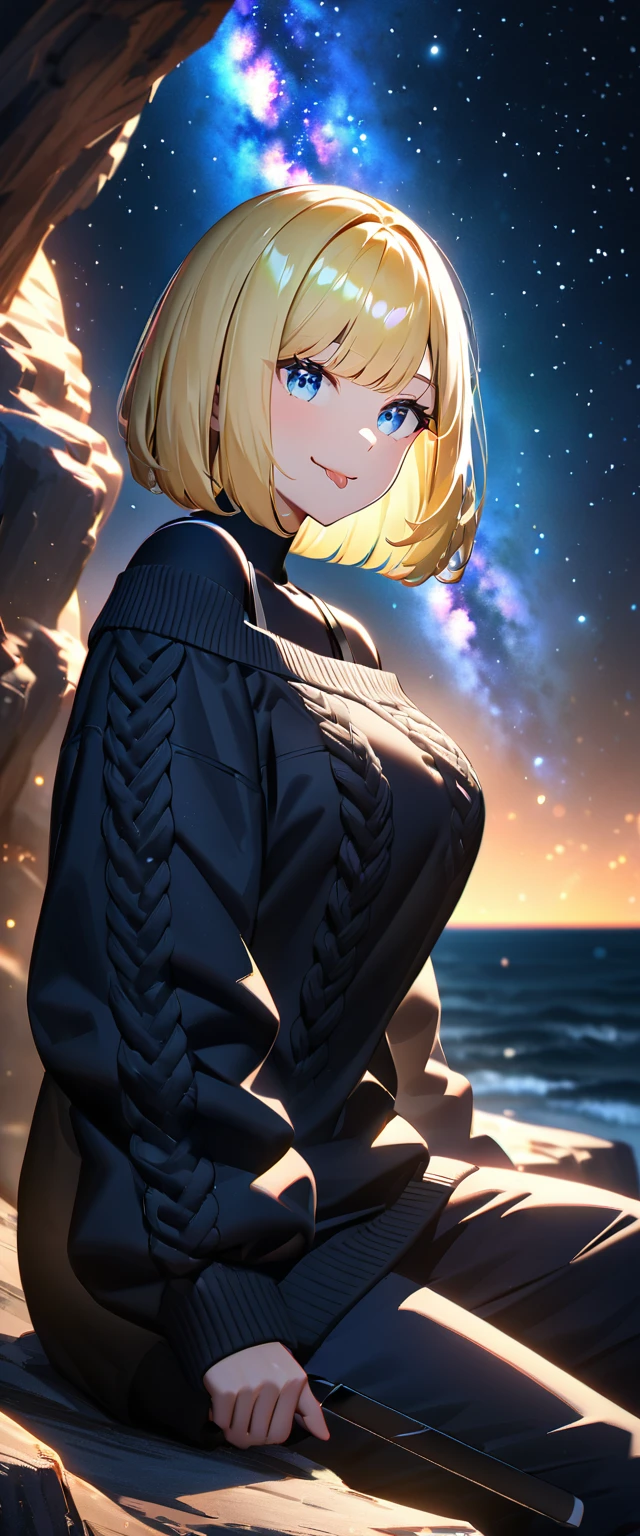 ((stick out tongue)), (((focus on face))), ((((from side)))), ((Leaning to side)), (((a beautiful starry sky, the Milky Way shining beautifully in the night))), ((off-shoulder sweater:1.3, Quite thick shoulder straps)), ((black sweater)), ((Aran sweater)), ((sitting on the very high cliff)), wavy hair, inward curled hair, sea, ((blond hair, bob cut:1.3)), breasts, ager, (looking at viewer), oversized clothes, puffy long sleeves, collarbone, head tilt:1.3, (((blue eyes))), happy smile, (((anime style))), (best quality, 4K, 8K, highres, masterpiece:1.2, ultra-detailed, ultra-detailed eyes, HDR, uhd, studio lighting, ultra-fine painting, sharp focus, physically-based rendering, extreme detail description, professional, vivid colors, bokeh)