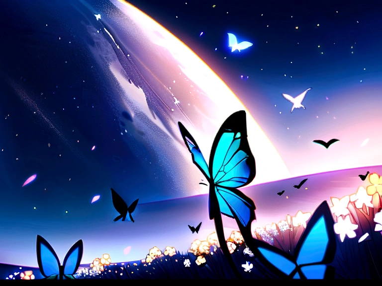 very wide white background, extreme quality, masterpiece, 8k, depth of field, intricate details, (((unattended))), very large margins, lots of text, corporate logo, space, movie poster, (((Outer space))), ((flower garden with sea view)))), nostalgia, panorama, long shot, backlight, (((Various angles))),Detailed detail flowers,(((Petals fluttering in the air))), ,heaven, top quality, 8K, wind blowinglight lighting, backlight,(((no people))), (((blue color))), butterfly, bird