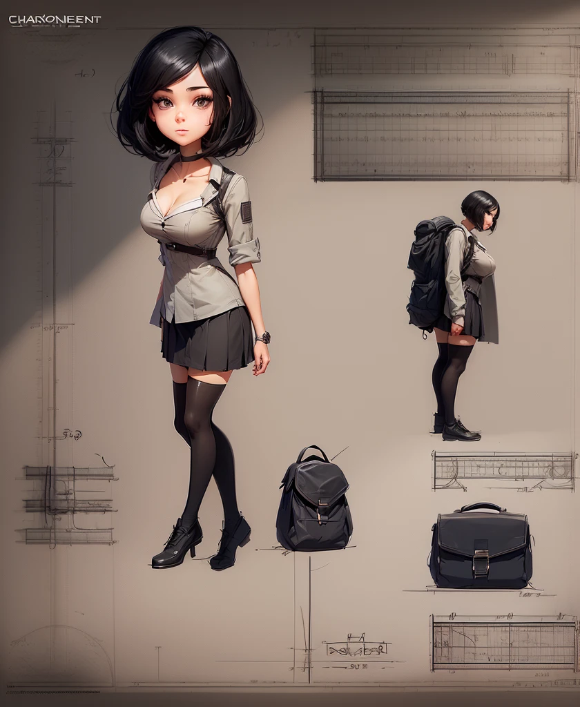 (Character design sheet:1.4), (Technical Drawing:1.4), (masterpiece), (Highest quality), One girl, (Perfect Face:1.2), (Beautiful Face:1.2), Black Hair, short hair, , school bag, Happy, High resolution, Complex,