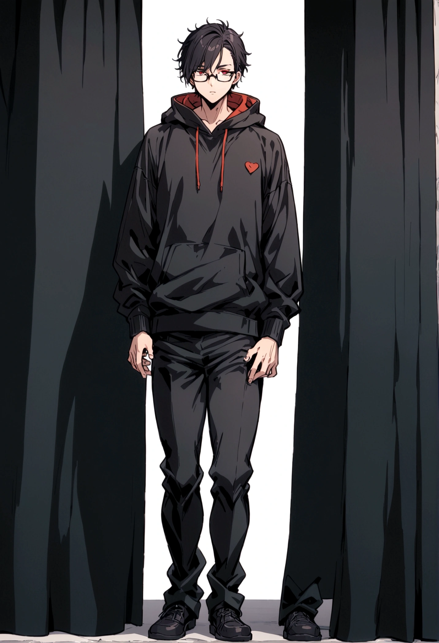 fullbody,masterpiece,standing,hoodie,black black short hair,red eyes,adult,1boy,solo,glasses,white background,standing straight,fullbody,curtain bangs,
