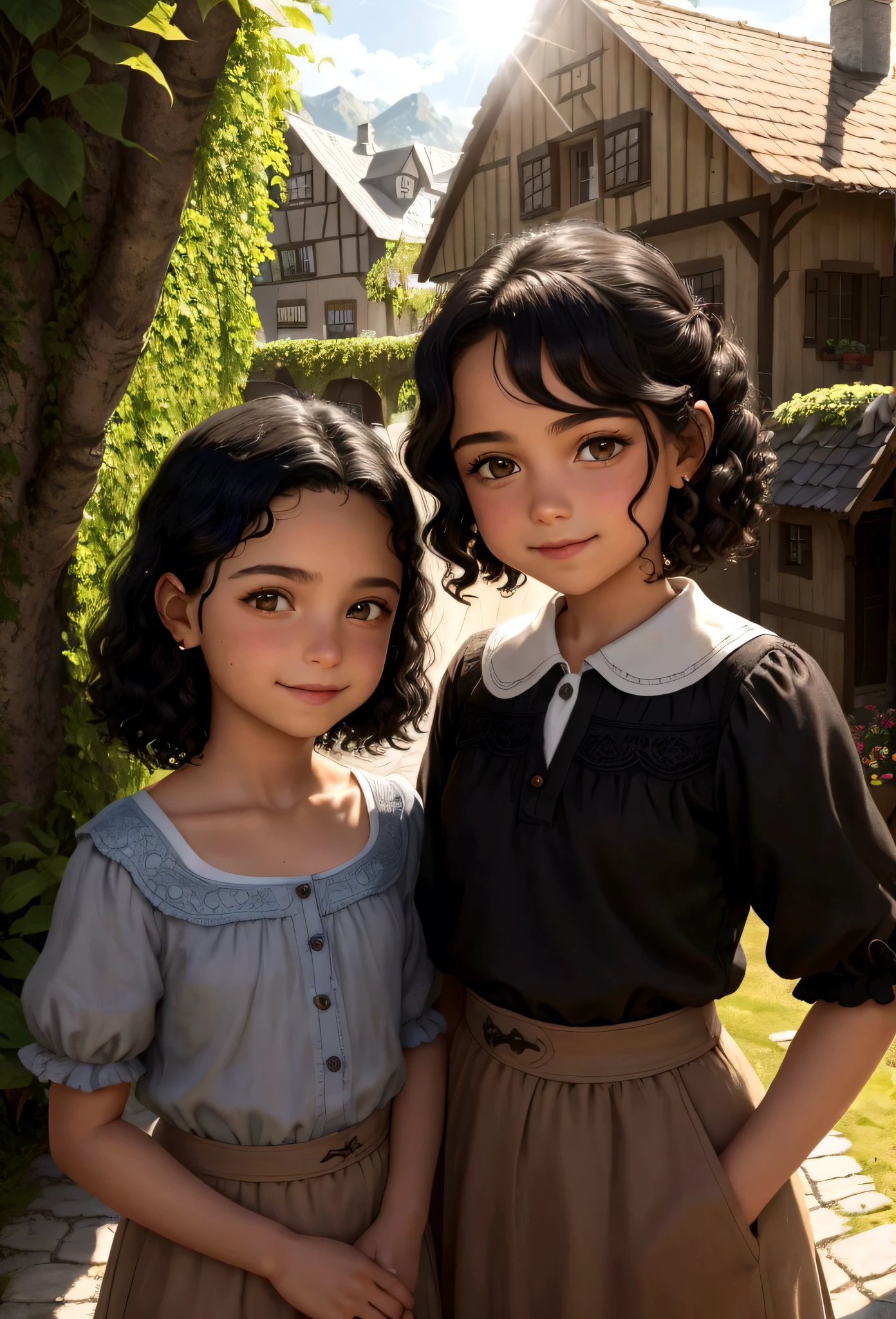 boy: daniela, about 7 , Langes Haar im Disney-Stil, Brown eyes and smile. Girl: Rafaela, 10yo,Medilack hair and curly dark eyes Scenery: Rfafela und daniela sind in einem gemütlichen kleinen Haus im Tal, in the background a sunny day, Highlight the sun.