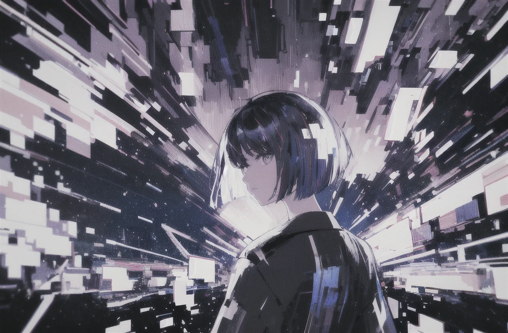 masterpiece, Highest quality, (Alexio:1.5), (Brush strokes, oil \(Moderate\):0.9), Night Sky、nebula、whole body、A girl with a short bob hairstyle, (Monochrome:0.6), Abstract, Abstract background, Black Theme, Backlight, Portraiture, (Blurred:1), (Glitch:1.1), eye