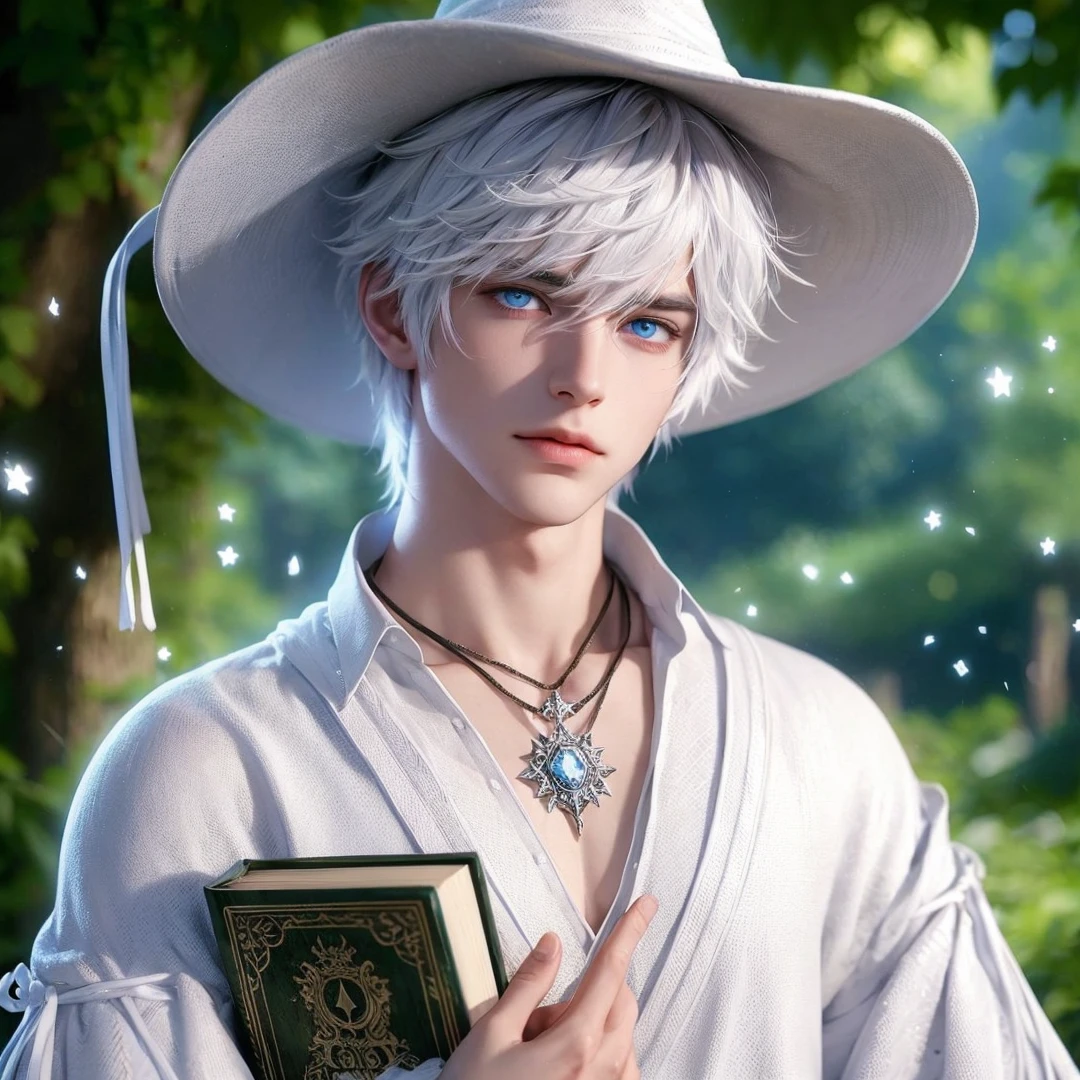 Handsome boy, white hair, blue eyes, wearing white witch hat, wearing white witch clothes, holding a white magic book, magic forest background