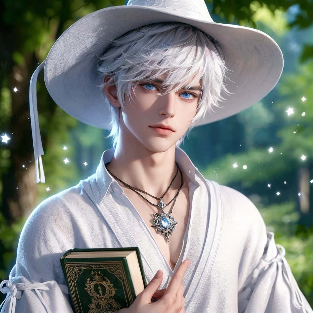 Handsome boy, white hair, blue eyes, wearing white witch hat, wearing white witch clothes, holding a white magic book, magic forest background