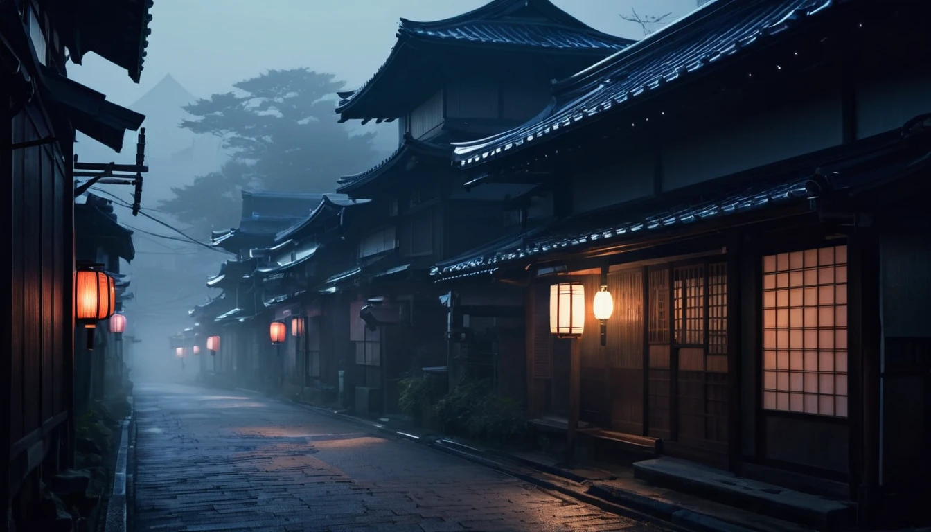 Create a digital artwork of a dark, misty alleyway in Japan at night. The scene should depict narrow, traditional Japanese buildings lining the alley, with dim streetlights casting long shadows. The mist should be thick, adding an eerie and mysterious atmosphere. Include subtle details like lanterns, signs in Japanese, and faint silhouettes in the distance. Use a color palette that emphasizes the darkness and mist, with a focus on creating a haunting and atmospheric scene