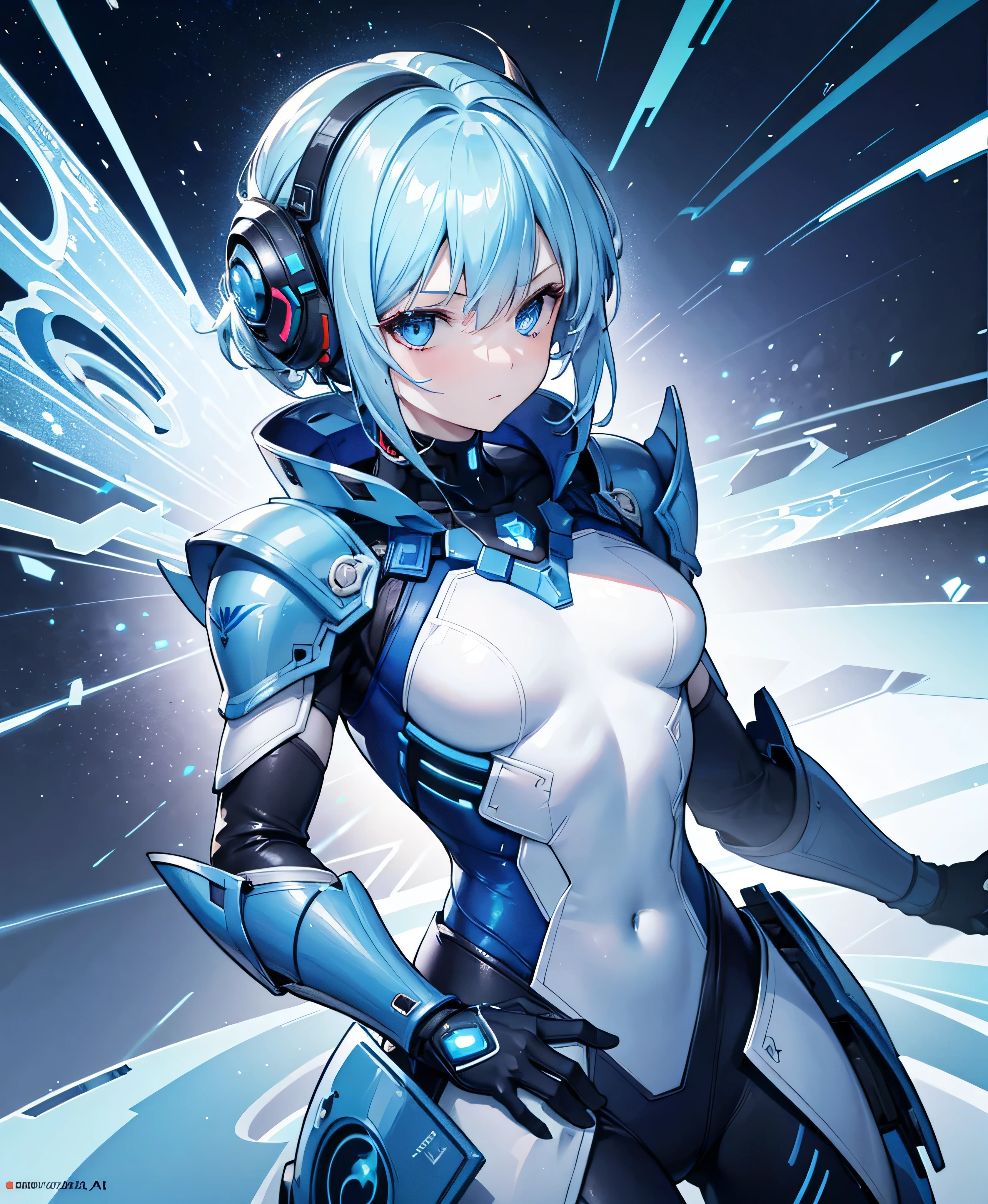 8K, Highest quality, (real:1.4), Original photo, 1 girl, Asari Hair, Biological Amplifier, refined armor, posture: Peace talks between warring factions, smart blue eyes,whole body