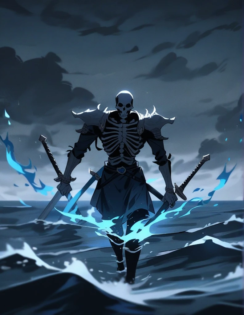 skeletons armed with swords, walking through the ocean with blue flames, on a stormy gray night, with the sea in the background