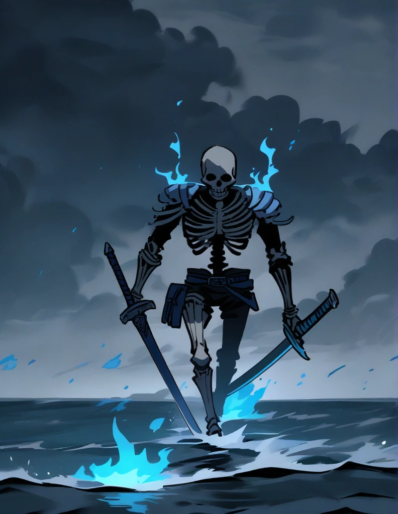 skeletons armed with swords, walking through the ocean with blue flames, on a stormy gray night, with the sea in the background