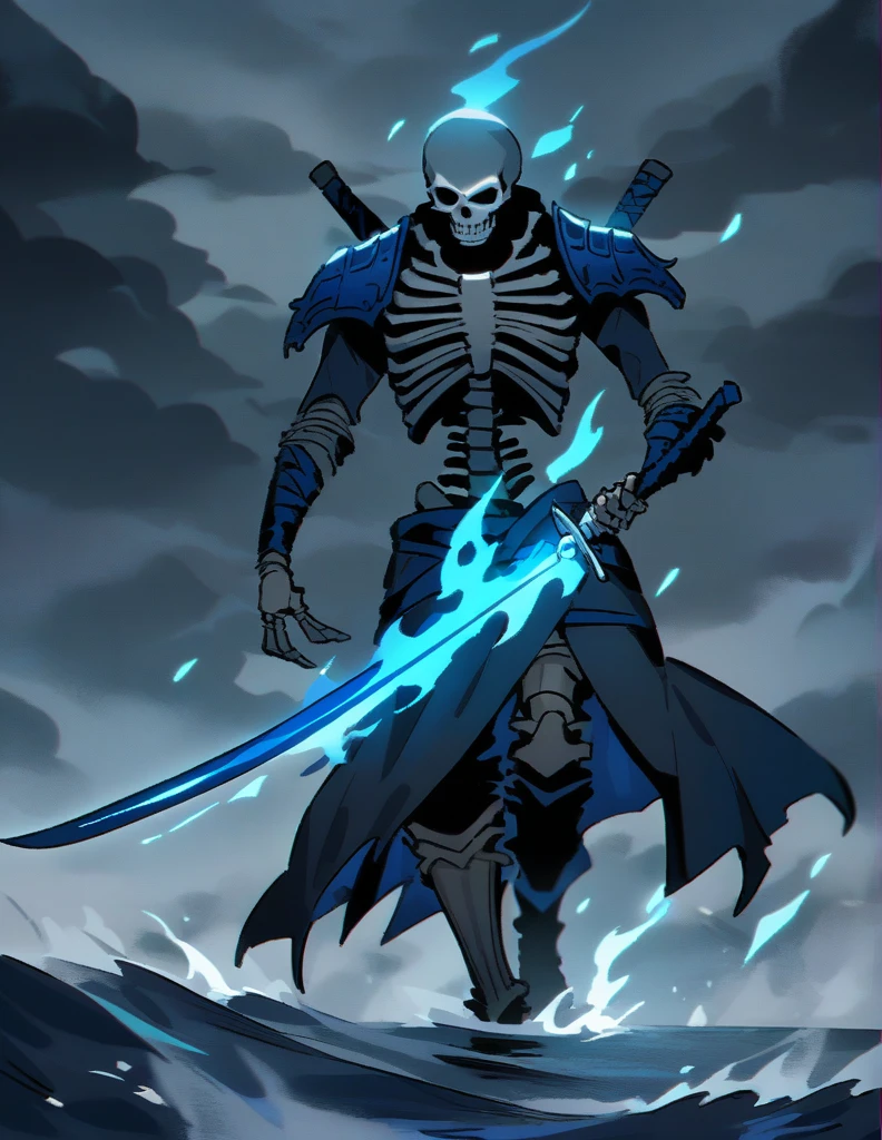 skeletons armed with swords, walking through the ocean with blue flames, on a stormy gray night, with the sea in the background