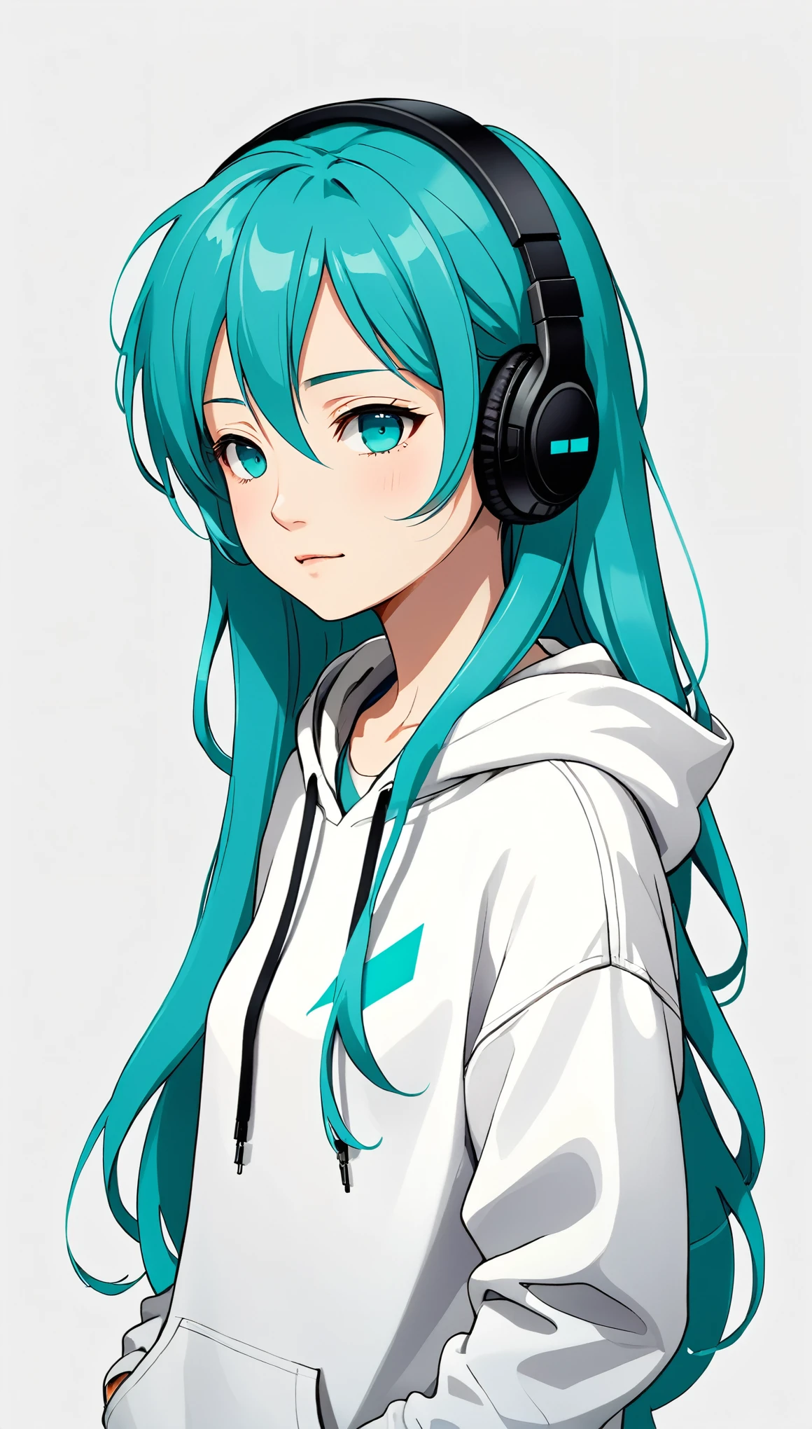 Headphones、Sony、Hatsune Miku、Close ~ eyes、White hoodie、Upper Body、Simple Background、Girl、
