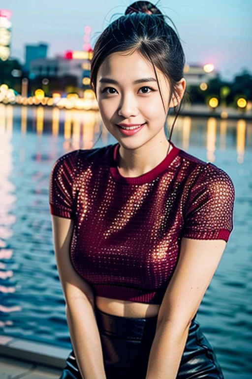 (A stunning Korean lady, Age 28, wearing Korean trendy fashion styles & pencil skirt, posing at Han River, friendly and feminine expressions, kind smile, dimpled chins, cute snaggle-tooth, short bob hair ponytail, symmetrical face, realistic detailed face, beautiful detailed eyes, perfect body proportions, ample round bosoms, photorealistic, hyper-realism, high contrast, ultra HD, realistic skin textures, top image quality, top-quality, super high resolution, fine details, very meticulously, masterpiece, head to knees, serene ambience, The_Cowboy_Shot, high angle shot, bokeh night background) #TeamPositivity