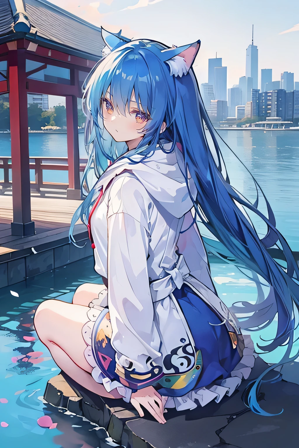 （masterpiece：1.2），Super detailed，lifelike，Expressive eyes，fair skin，perfect face shape，1 girl，
Japanese comics,Gorgeous blue hair,flowing blue hair,flowing clothes,Cat ears,Petals fall,beautiful lola,Baby Angel,
Shaking head with one hand，Cross your legs，Gentle and peaceful background，The pavilion is cool and comfortable,smile, wearing hoodie, background of tokyo,back views,snowing, winter,lie on the water. 