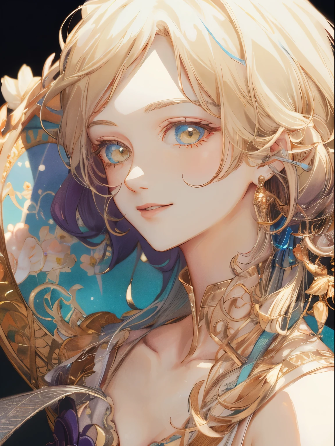 ​masterpiece: 1.7, top-quality、(Highly detailed CG、Ultra-detail、Best Shadow:1.5)、Painterly、sketch、Paper texture、超A high resolution、solo、Beautuful Women、cinderella、white  hair、The upper part of the body、lite smile、extra detailed face、flat-colors、Highly detailed eyes、extra detailed face、realisitic、limited pallete、Low contrast、The best lighting、blanche:1.5、(zentangle、a Mandala、Tangle、Entangle:0.9)