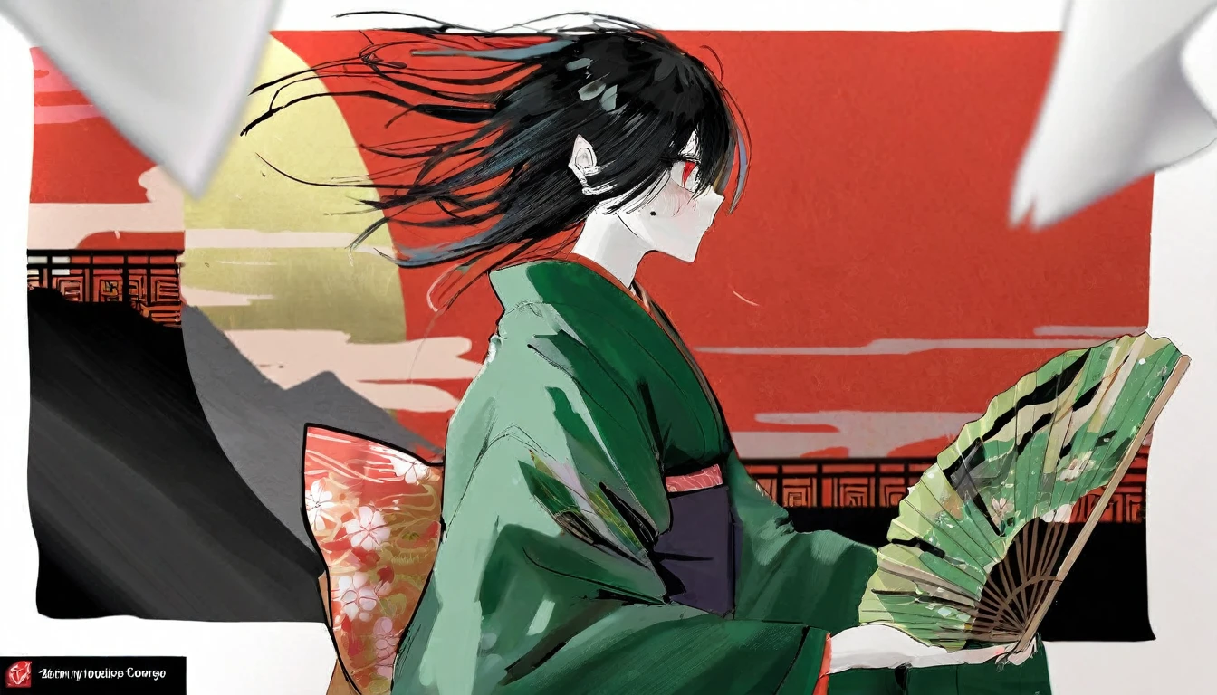 by Demizu Posuka by ziyun,
Detailed face paper texture of one girl in kimono,
Fan from the side,
Slope
(High resolution,
masterpiece,
Highest quality, )