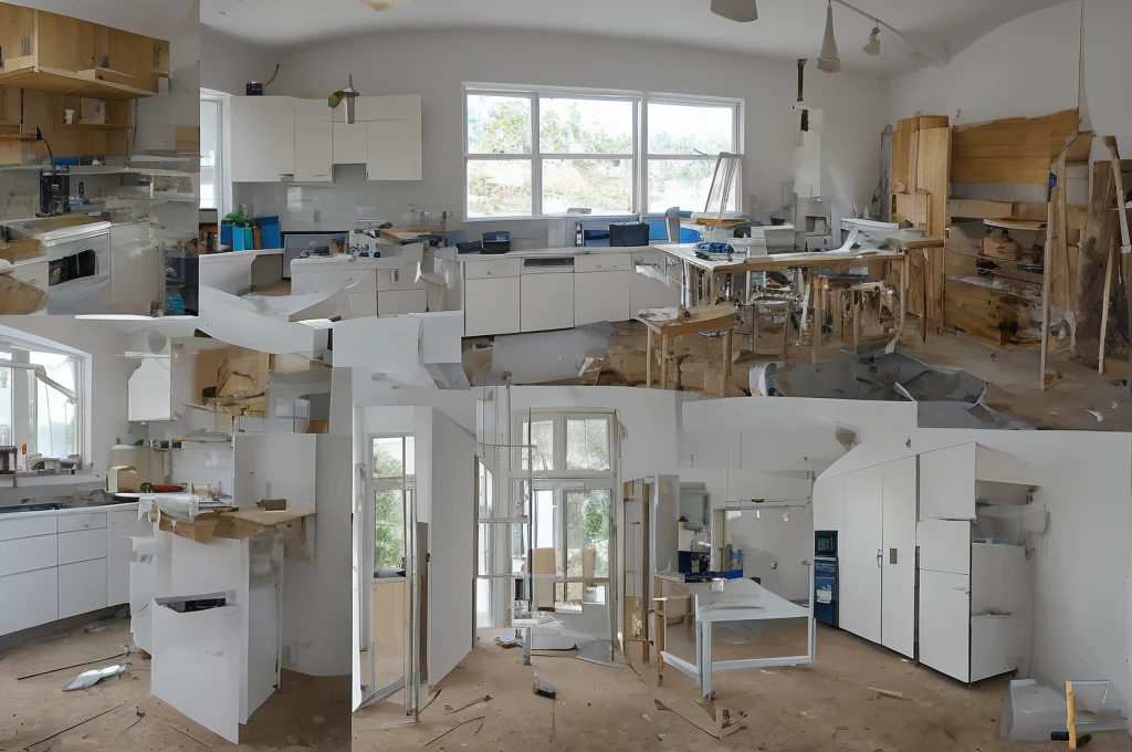 Kitchen and bathroom in the middle of renovation, with visible building materials and tools.