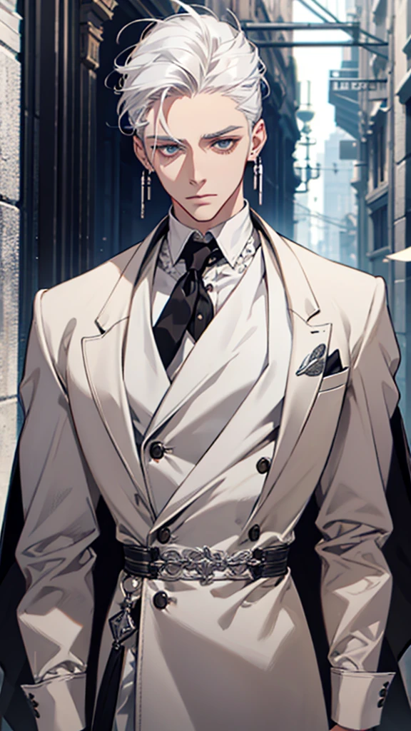 Young man, white hair, white eyelashes, fair skin, silver vest, silver earrings, slicked back hair, arms folded behind back, upper body, standing tall