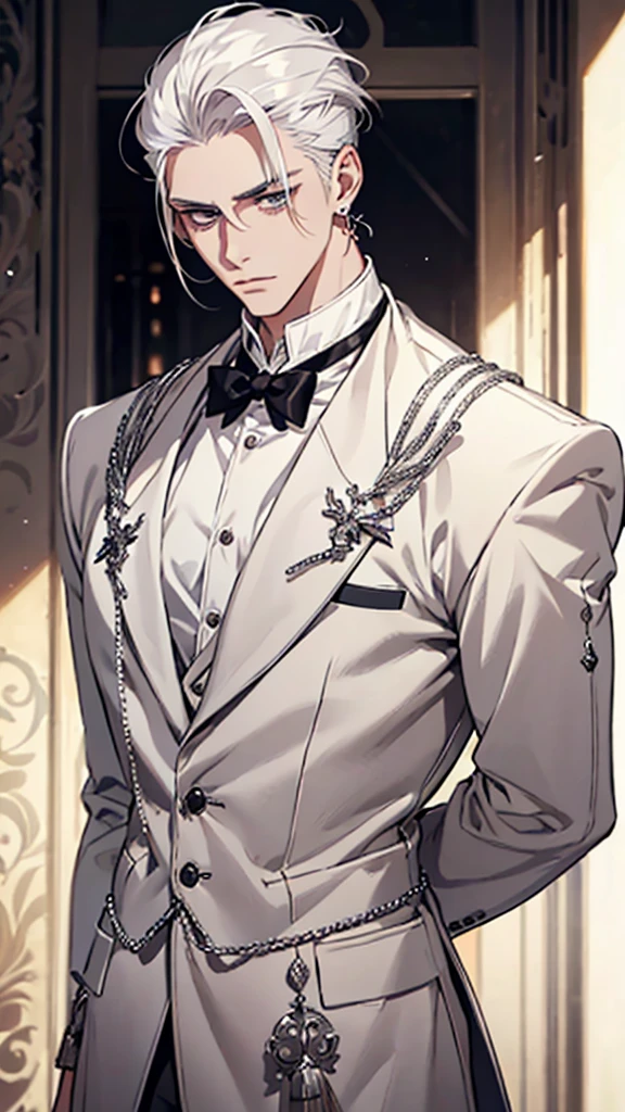 Young man, white hair, white eyelashes, fair skin, silver vest, silver earrings, slicked back hair, arms folded behind back, upper body, standing tall