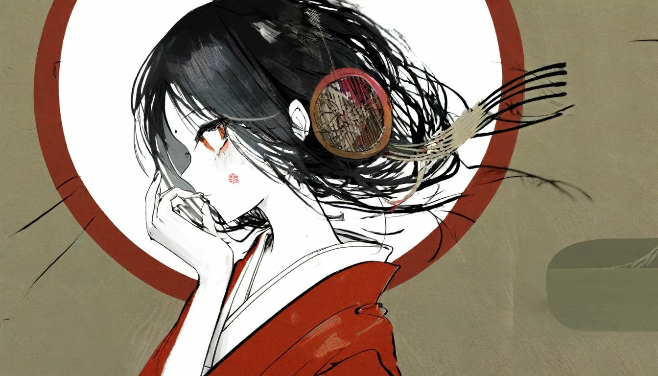 by Demizu Posuka by ziyun,
Detailed face paper texture of one girl in kimono, 
Fan from the side, 
Slope
(High resolution, 
masterpiece, 
Highest quality, )