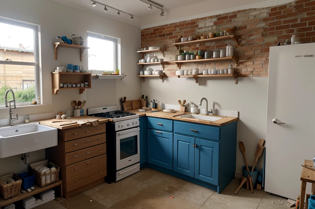 Kitchen and bathroom in the middle of renovation, with visible building materials and tools.
