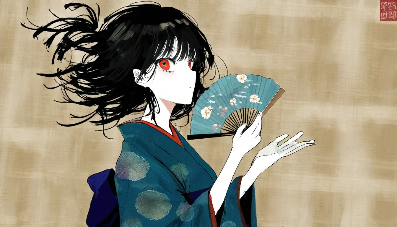 by Demizu Posuka by ziyun,
Detailed face paper texture of one girl in kimono,
Fan from the side,
Slope
(High resolution,
masterpiece,
Highest quality, )