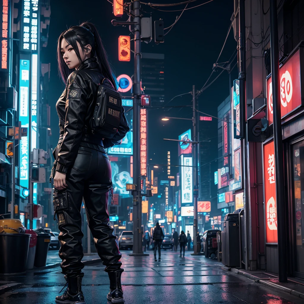 there is a woman standing on the side of the street, cyberpunk art by Yang J, trending on Artstation, realism, artwork in the style of guweiz, anime style. 8k, guweiz, realistic anime 3 d style, trending on cgstation, 🤤 girl portrait, hyper-realistic cyberpunk style, anime style mixed with fujifilm, dreamy cyberpunk girl