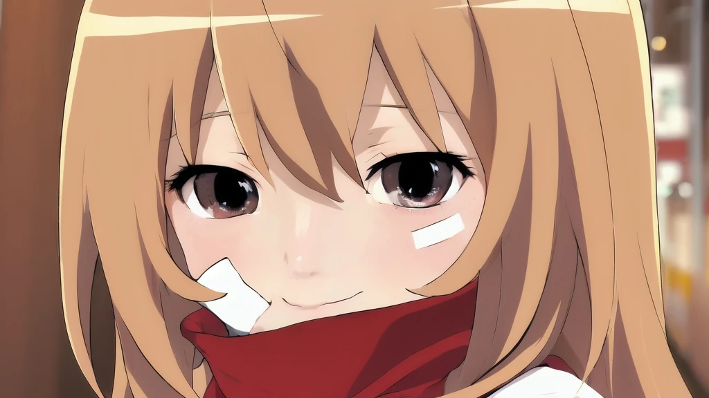 anime girl with a bandage on her face, cute anime face, extremely cute anime girl face, close up iwakura lain, cute natural anime face, slightly happy facial expression, [[[[grinning evily]]]], pretty anime face, ((red)) baggy eyes, anime moe artstyle, detailed anime soft face, perfect anime face