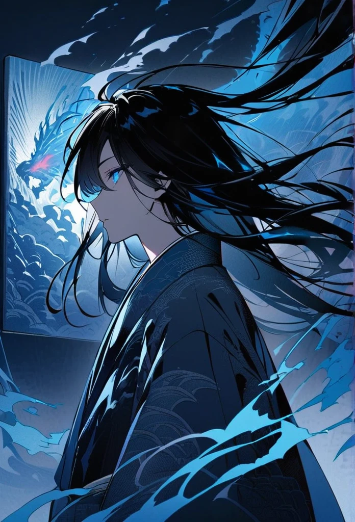 Japanese。male。Sharp Eye。Very long black hair。profile。Plain blue kimono(Dressed in kimono)。A strong wind blows my hair back。Cover your eyes with hair。The background is blue light。Stand up straight。Oriental dragon glowing blue background。thunder。An illustration。picture。