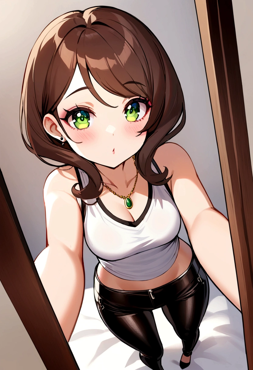 Alafed woman with white tank top and necklace, Sexy girl with green eyes, Portrait Sophie Mudd, brown hair and large eyes, selfie of a young woman, bedroom eyes, Violet Myers, without makeup, Natural makeup, Looking directly at the camera, face with artgram, subtle makeup, Stunning full-body shots, Pierced green eyes, beautiful angle, Engaging pose, Cute Girl, Sexy Pose, fully body photo, Full body, full body photographed, brunette goddess, high detailing, Satisfying Pose, leather bra, Leather skirt