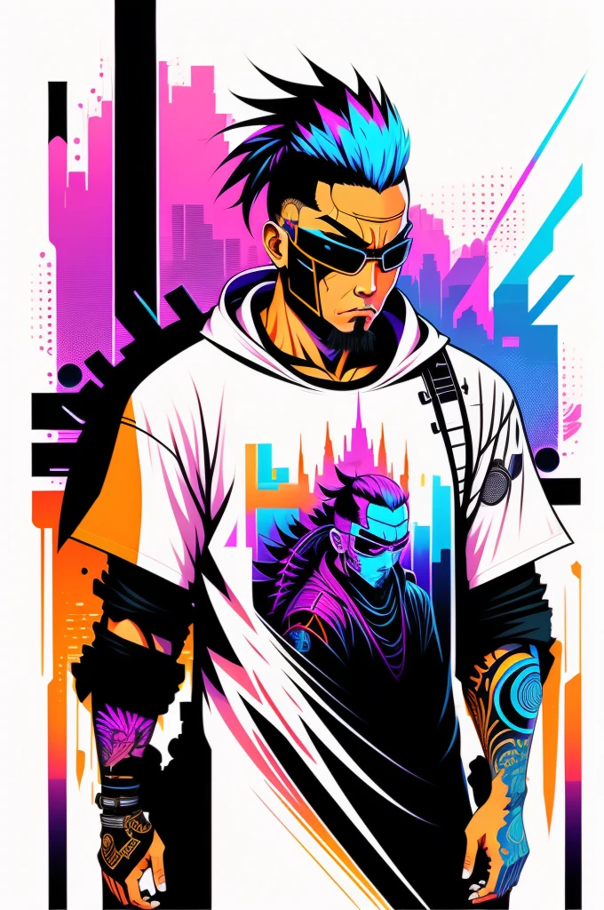 Ready to print t-shirt art vector colorful graffiti illustration of a futuristic cyberpunk Samurai, futuristic cyberpunk city background, realistic picture style, image on white background, centered