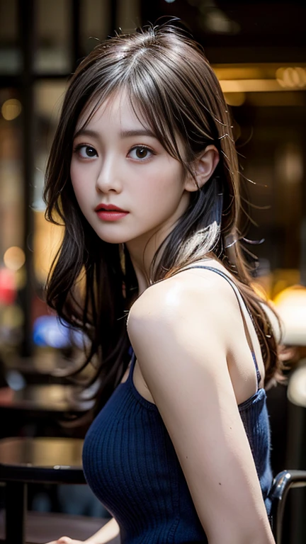 table top, highest quality, shape, Super detailed, finely, High resolution, 8k wallpaper, Perfect dynamic shape, beautiful and detailed eyes, Blue blouse, medium hair,(model standing), (body facing forward,face to face:1.3), slightly saggy chest、lingerie、20 year old girl, cowboy shot,Facing forward