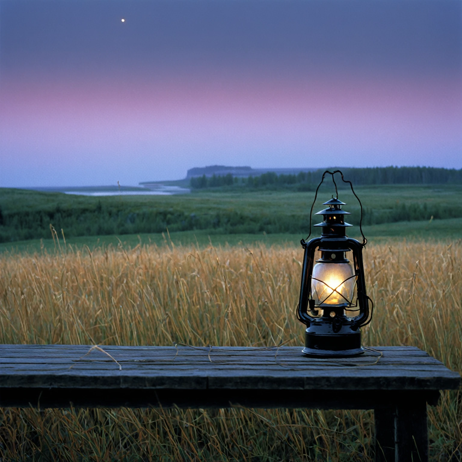 There is a lantern on the table in the middle of the field, beautiful view, author:Jesper Knudsen, Lantern light, author:Anton Lehmden, Landscape View, Nordic landscape, Realistic scenery, author:Jürgen Roeder, author:Eero Snellman, norwegian landscape, Realistic scene, author Jesper Myrfors