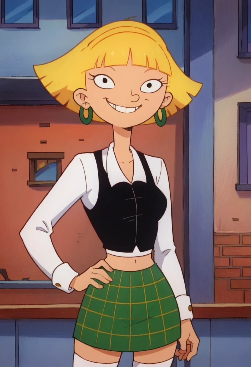 olga, 1girl, solo, blonde hair, short hair, white shirt, black tank top, hoop earrings, plaid skirt, smile, bangs, blunt bangs, thighhighs, midriff,upper body,  looking at viewer, hand on own hip, outdoors,, score_9, score_8_up, score_7_up, score_6_up