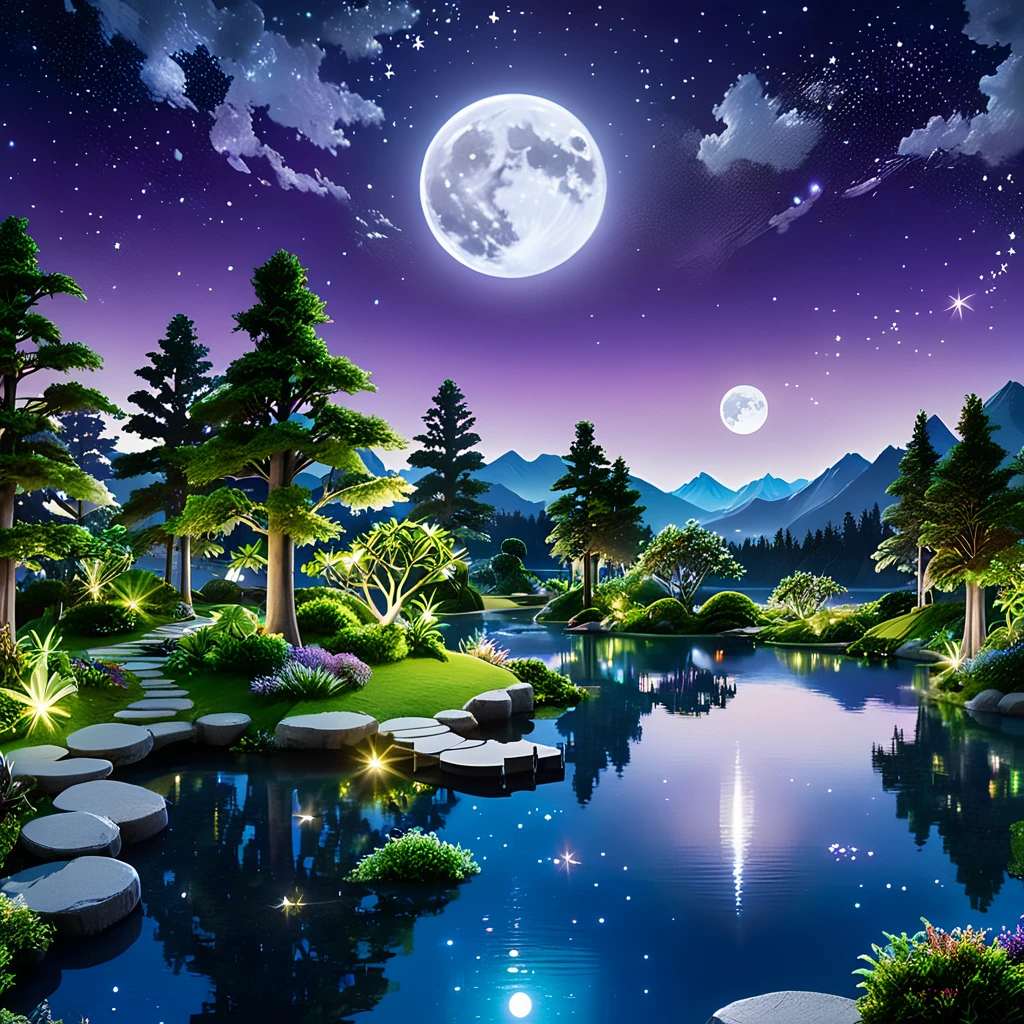 A surreal and fantastical night scene where a massive full moon dominates the sky, its bright light reflecting off a serene, crystalline lake. The landscape features whimsical elements such as floating islands and glowing plants. The moon's light casts long shadows and highlights the intricate details of the landscape. The sky is filled with twinkling stars and distant galaxies, adding a sense of otherworldly wonder. The colors are a blend of deep blues, purples, and shimmering silvers.
