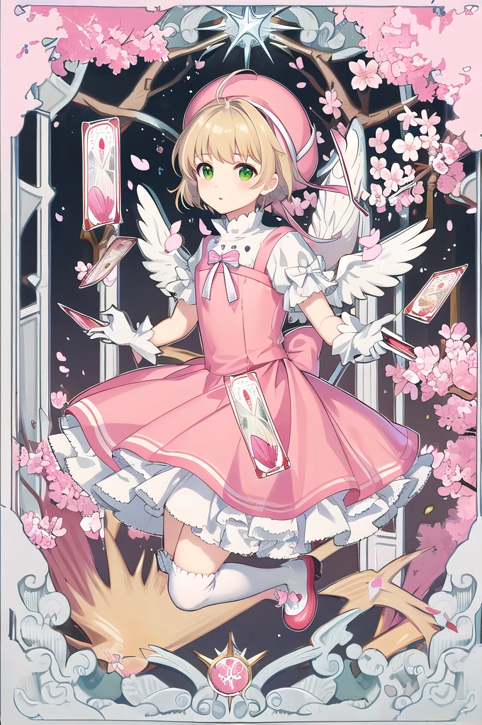 (masterpiece, Highest quality, detailed:1.3),(photograph:1.3), HD transparent background, High Detail, 1 Girl,pretty girl、cute、View your viewers、cardキャプター_cherry blossoms、10 years old、young、short hair, Antenna Hair, Green Eyes, Frills, Puff short sleeves, White gloves, White knee socks, wing, jump, null, wing、wing、白いwing、Pink and white dress,cherry blossoms、青null、card、Pink hat